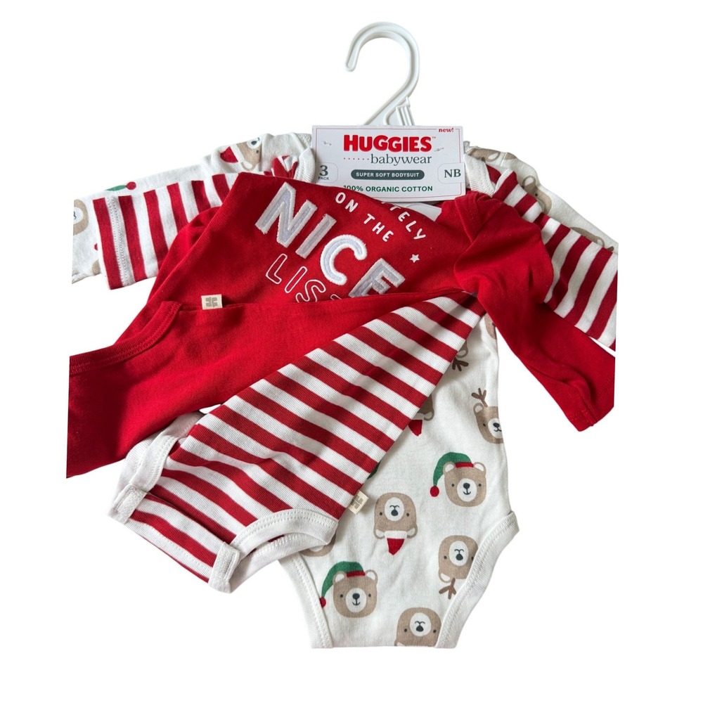Huggies‎ Babywear Newborn 3PK Organic Cotton Long Sleeve Bodysuits Holidays NB